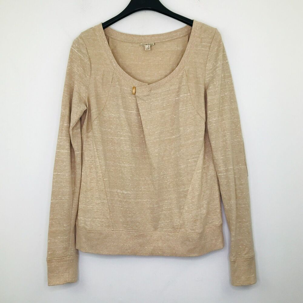 Holding Horses Women's Small Sweater Beige Asymmetric Neck Elbow Patch Flaw H8